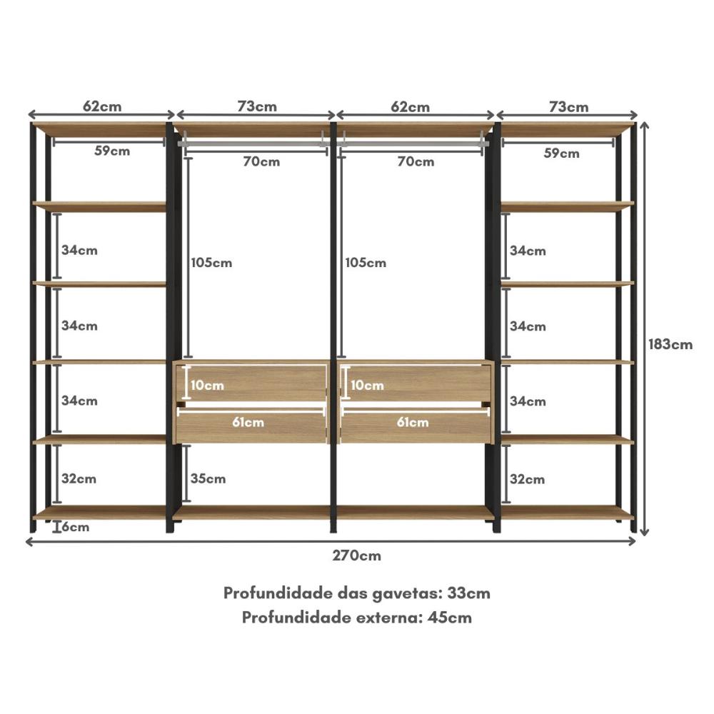 Guarda-Roupas Closet Modulado 205cm 4 Peças com 4 Gavetas e Cabideiros Multimóveis MP4321 Preto/Madeirado