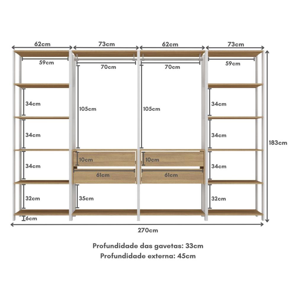 Guarda-Roupas Closet Modulado 270cm 4 Peças com 4 Gavetas Multimóveis MP4321 Branco/Madeirado