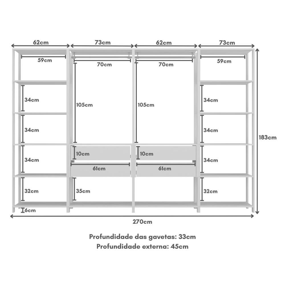 Guarda-Roupas Closet Modulado 270cm 4 Peças com 4 Gavetas e Cabideiros Multimóveis MP4321 Branco