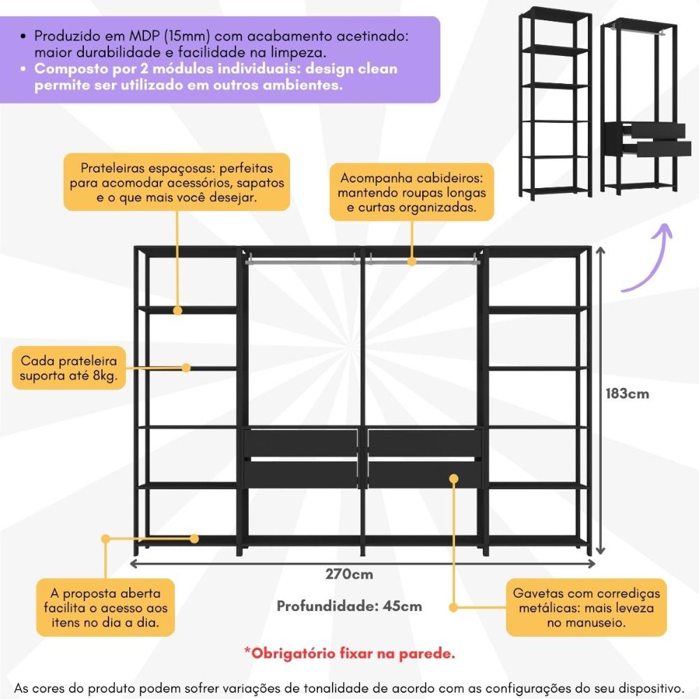 Guarda-Roupas Closet Modulado 270cm 4 Peças com 4 Gavetas e Cabideiros Multimóveis MP4321 Preto