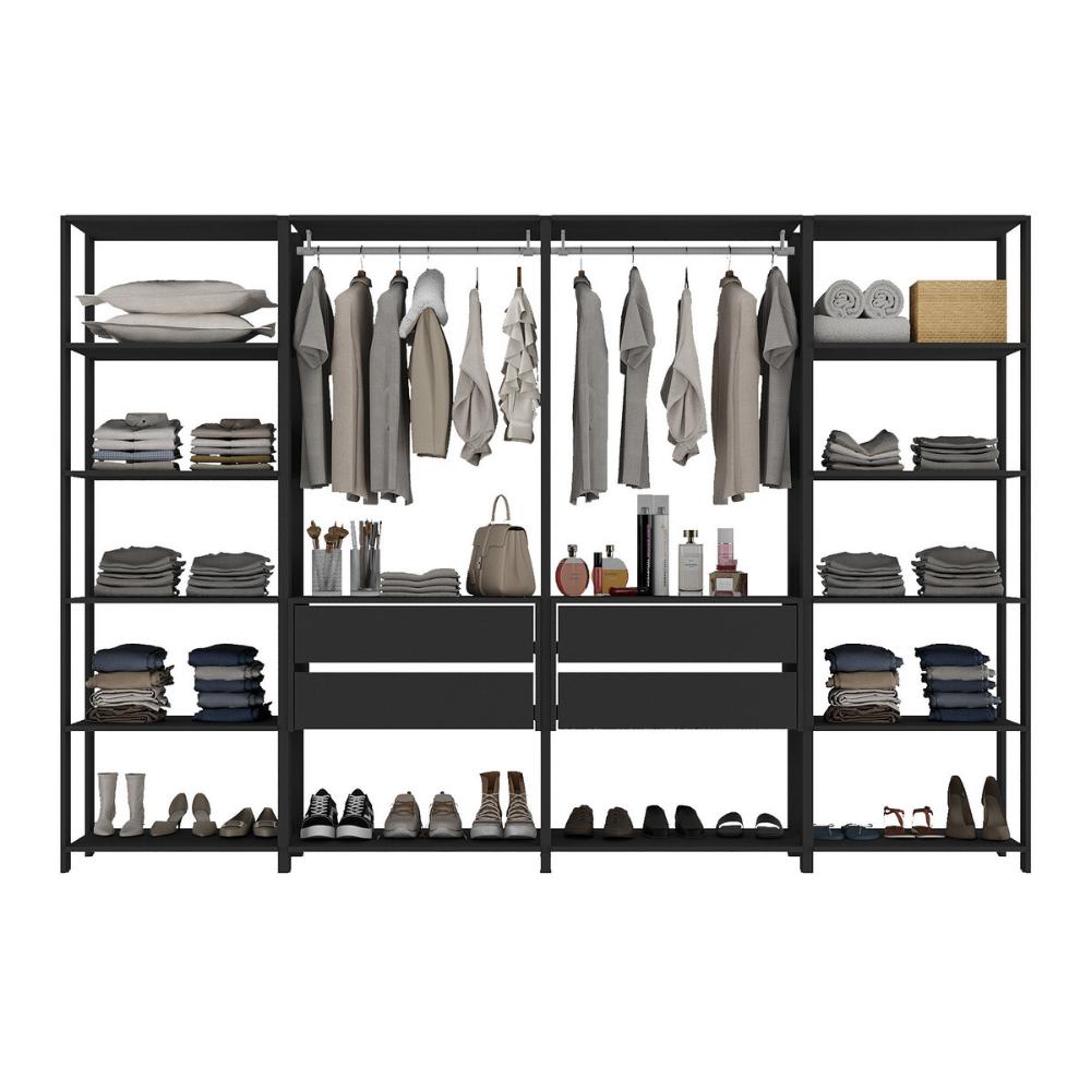 Guarda-Roupas Closet Modulado 270cm 4 Peças com 4 Gavetas e Cabideiros Multimóveis MP4321 Preto