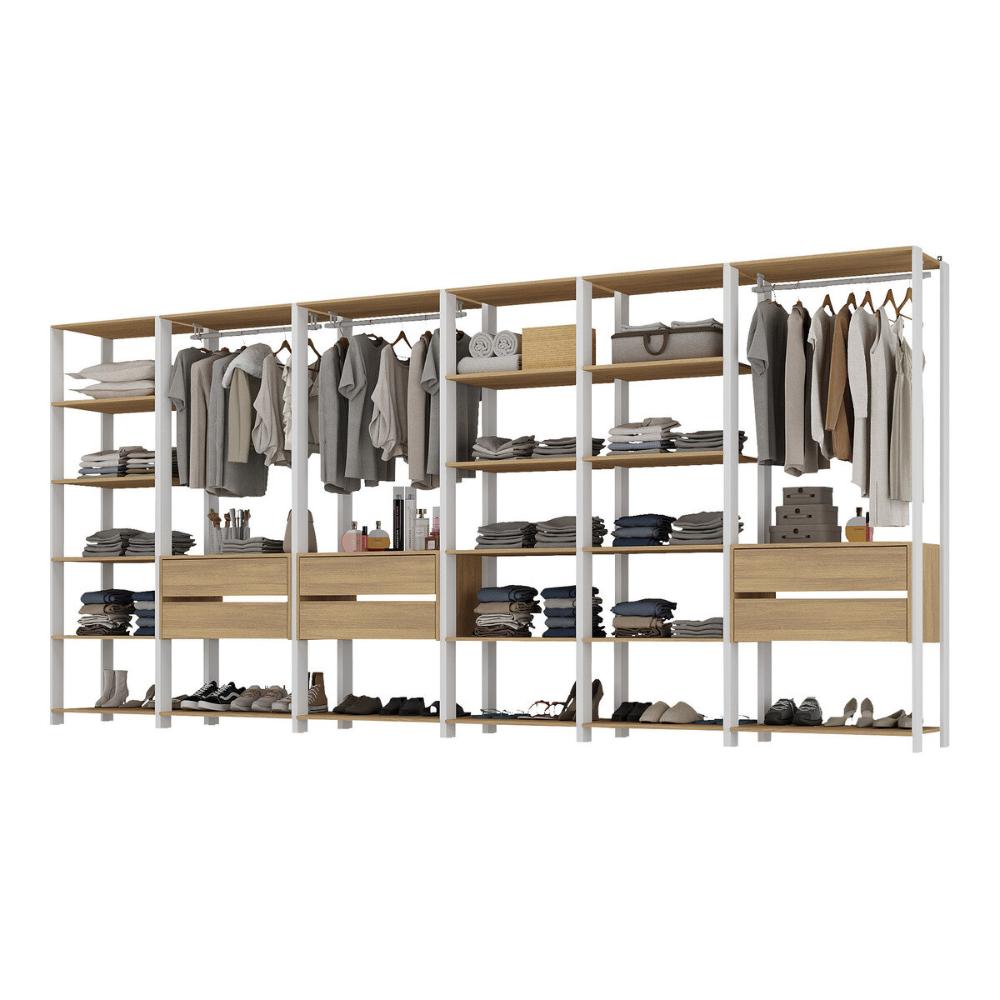 Guarda-Roupas Closet Modulado 405cm 6 Peças com 6 Gavetas Multimóveis MP4322 Branco/Madeirado
