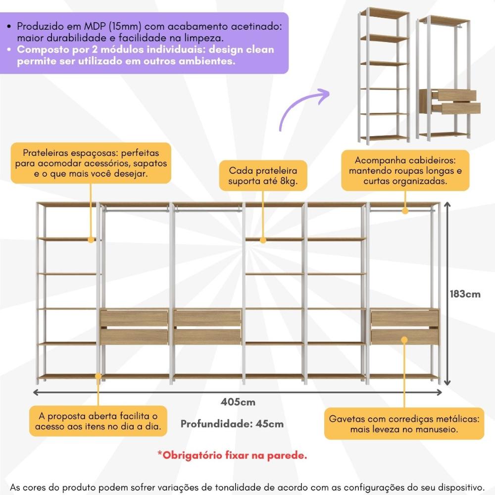 Guarda-Roupas Closet Modulado 405cm 6 Peças com 6 Gavetas Multimóveis MP4322 Branco/Madeirado