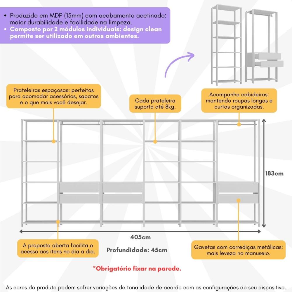 Guarda-Roupas Closet Modulado 405cm 6 Peças com 6 Gavetas e Cabideiros Multimóveis MP4322 Branco