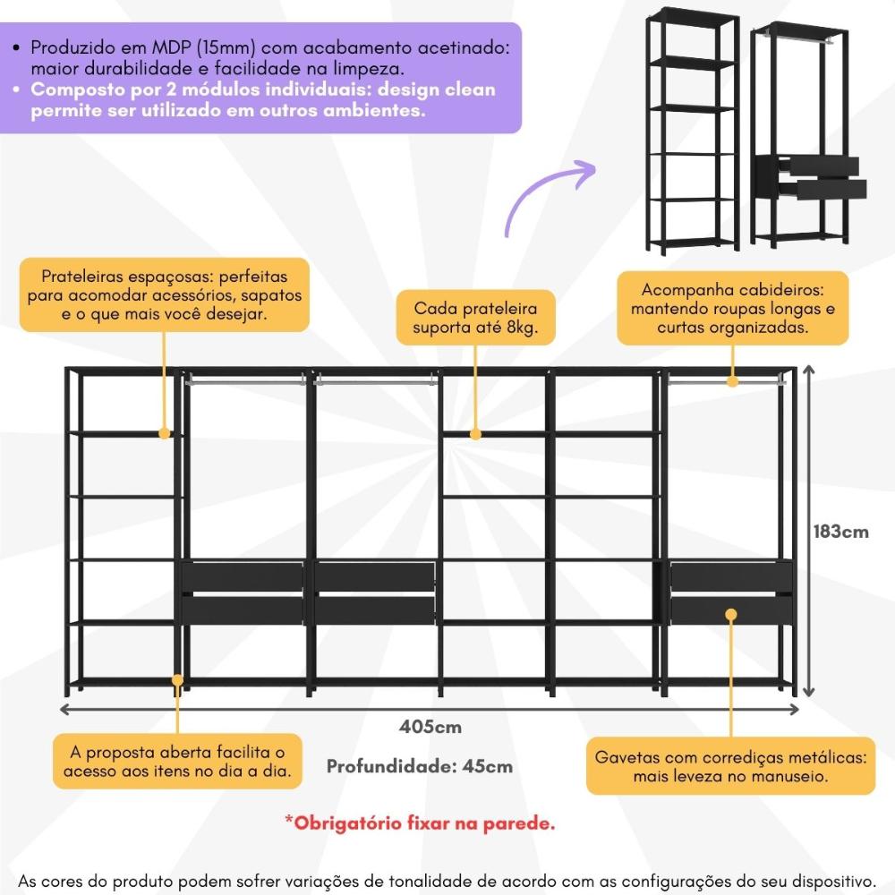 Guarda-Roupas Closet Modulado 405cm 6 Peças com 6 Gavetas e Cabideiros Multimóveis MP4322 Preto