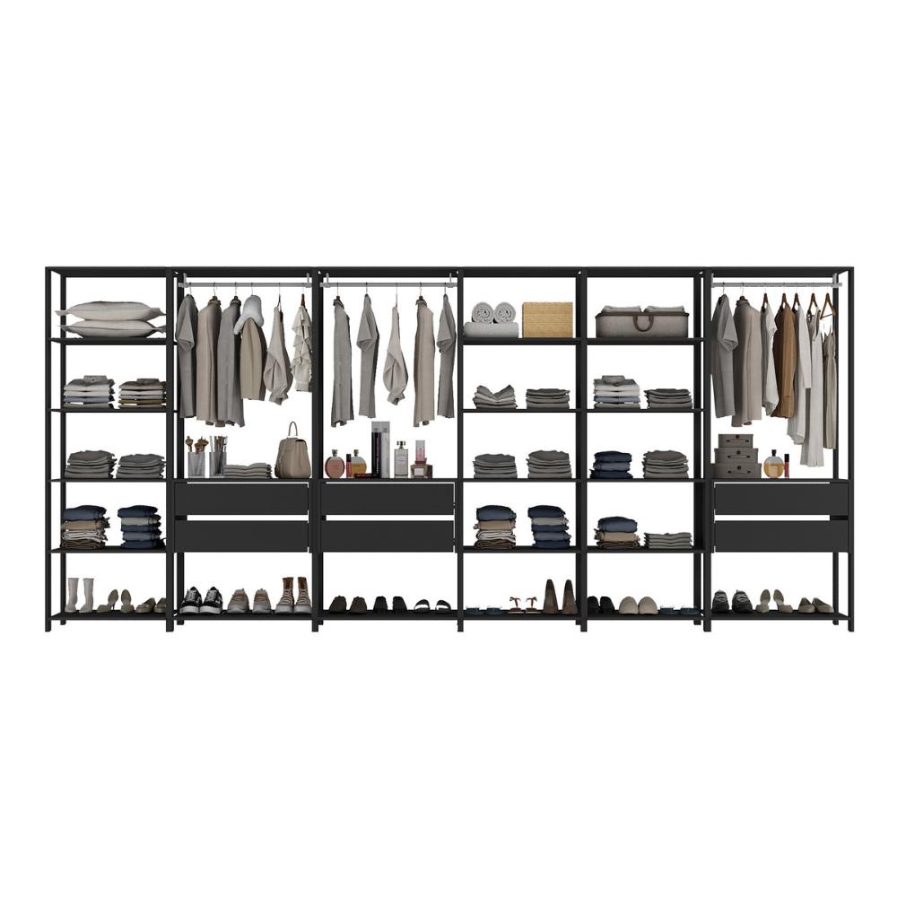 Guarda-Roupas Closet Modulado 405cm 6 Peças com 6 Gavetas e Cabideiros Multimóveis MP4322 Preto