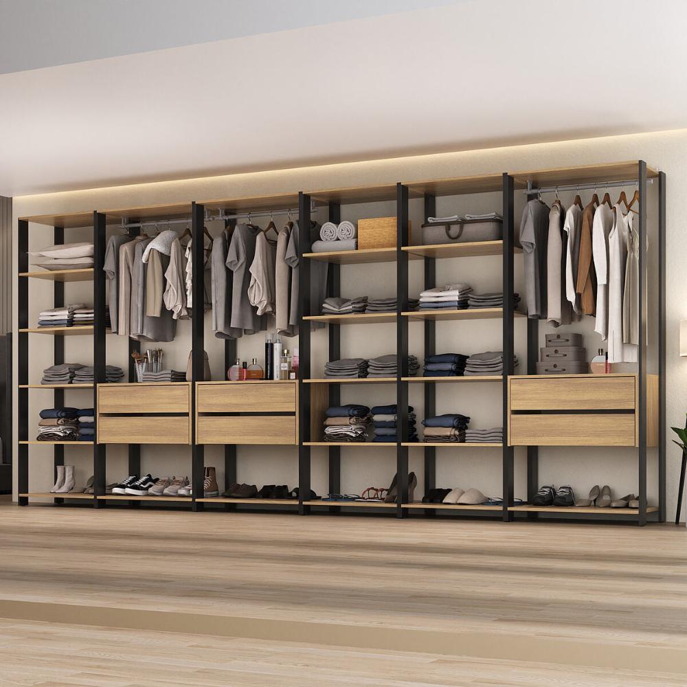 Guarda-Roupas Closet Modulado 405cm 6 Peças com 6 Gavetas e Cabideiros Multimóveis MP4322 Preto/Madeirado