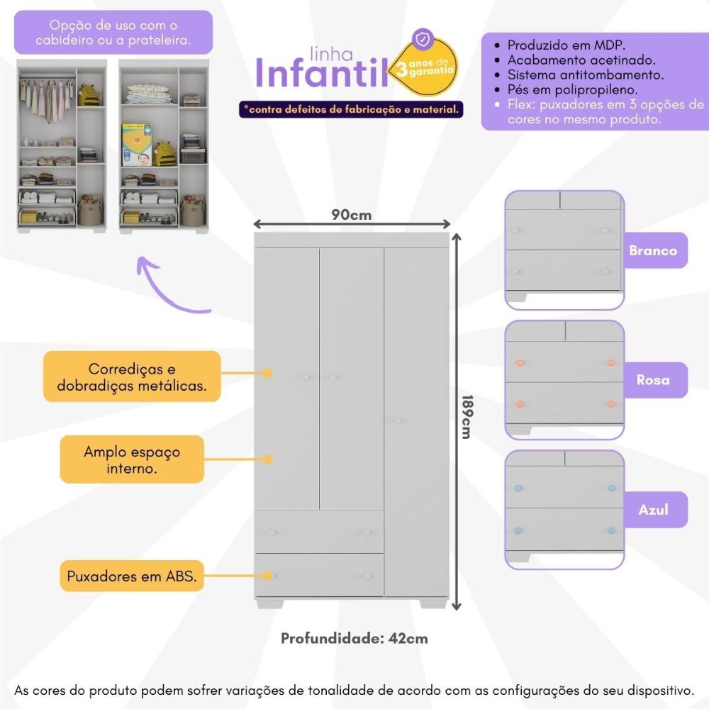 Guarda-Roupas Infantil Flex 3 Portas e 2 Gavetas Algodão Doce Multimóveis MP4245 Branco