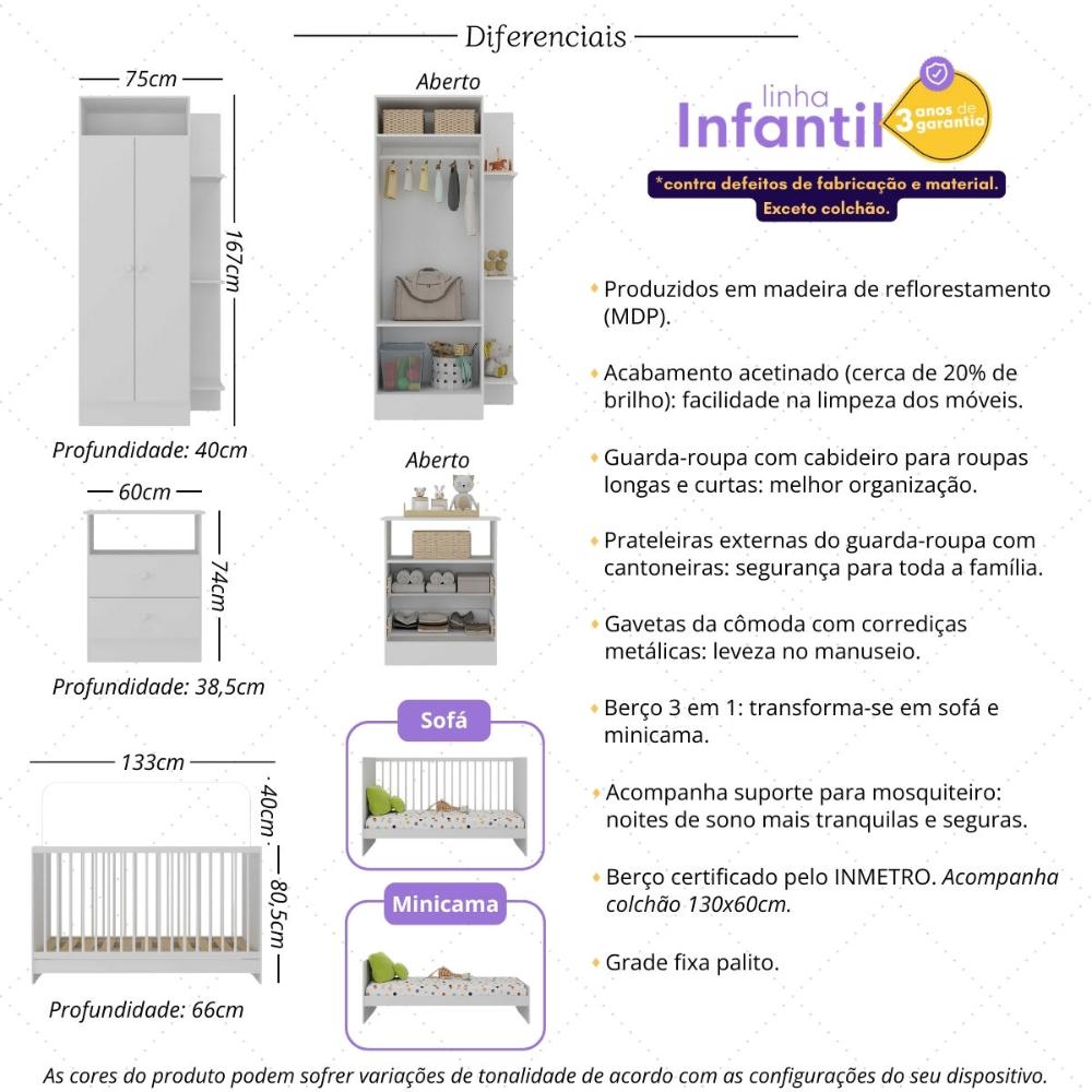Jogo de Quarto Infantil Trevalla Móveis Pom Pom com Colchão Incluso Branco