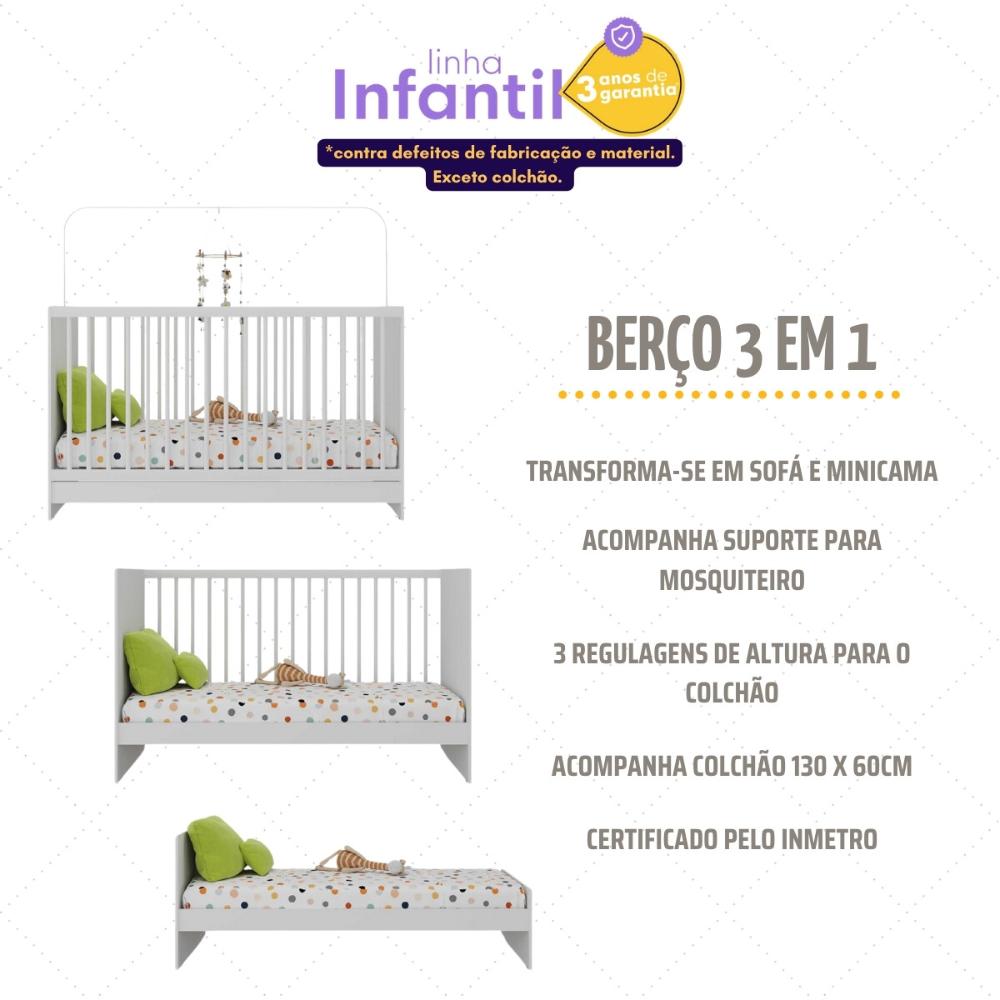 Jogo de Quarto Infantil Trevalla Móveis Pom Pom com Colchão Incluso Branco
