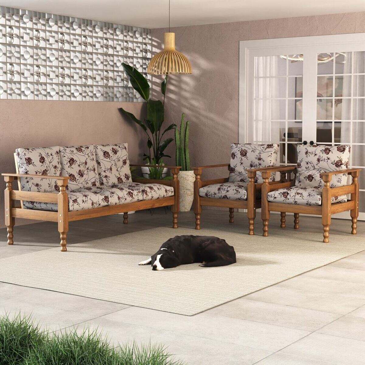 Jogo de Sofá Madeira Maciça Liz 3 Lugares e 2 Poltronas Multimóveis CR45274 Floral Cinza