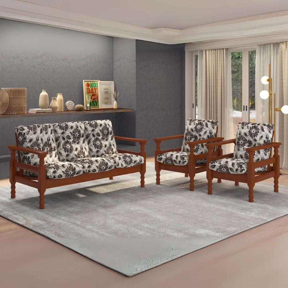 Jogo de Sofá Madeira Maciça Liz 3 Lugares e 2 Poltronas Multimóveis CR45274 Floral Cinza