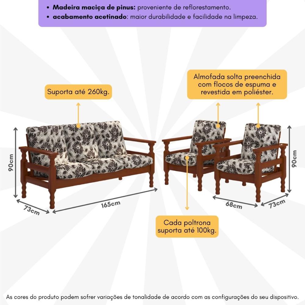Jogo de Sofá Madeira Maciça Liz 3 Lugares e 2 Poltronas Multimóveis CR45274 Floral Cinza