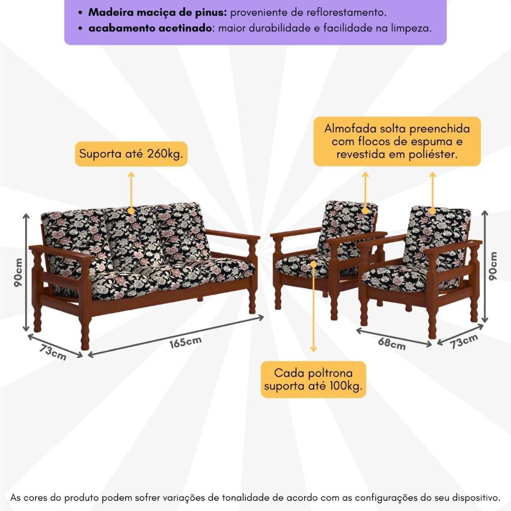 Jogo de Sofá Madeira Maciça Liz 3 Lugares e 2 Poltronas Multimóveis CR45274 Floral Rosa