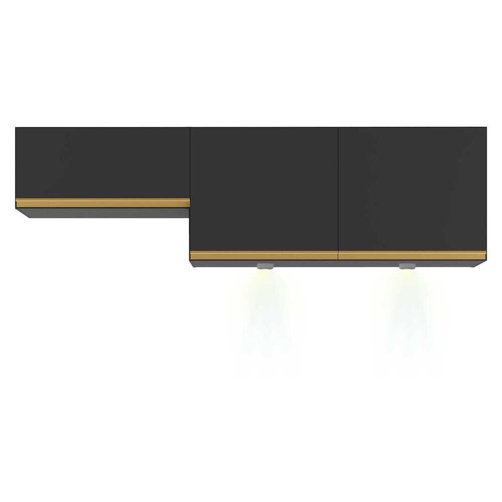 Kit 2 Armários de Cozinha Aéreos 3 Portas com Leds Veneza Multimóveis MP2146 Preto/Dourado