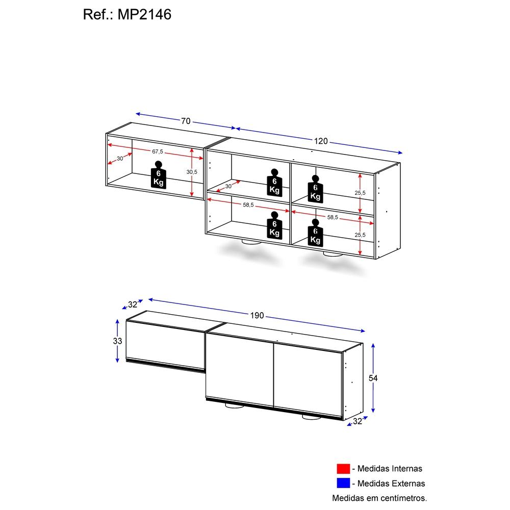Kit 2 Armários de Cozinha Aéreos 3 Portas com Leds Veneza Multimóveis MP2146 Preto/Dourado