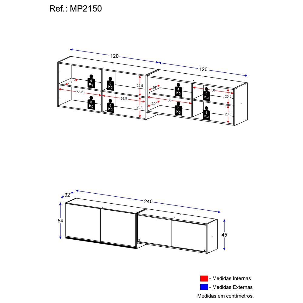 Kit 2 Armários de Cozinha Aéreos 4 Portas Veneza Multimóveis MP2150 Branco/Preto