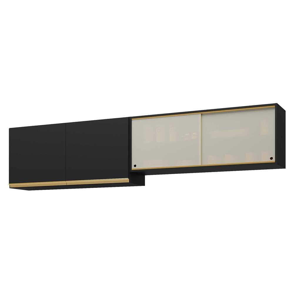 Kit 2 Armários de Cozinha Aéreos 4 Portas Veneza Multimóveis MP2150 Preto/Dourado