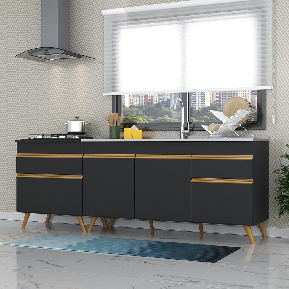 Kit 2 Balcões Gabinete Pia 150 cm e Cooktop 70 cm Veneza GB Multimóveis MP2073 Preto