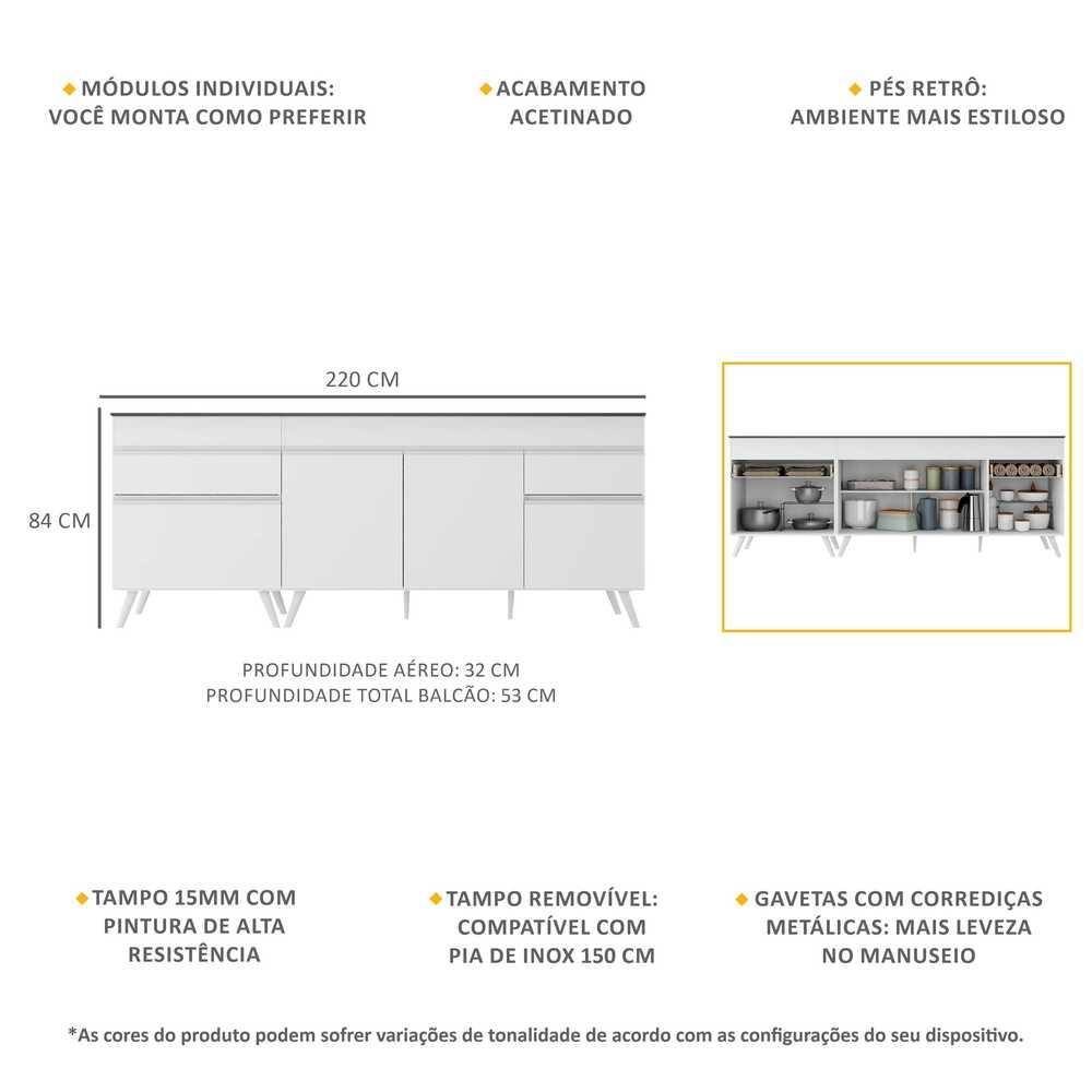 Kit 2 Balcões Gabinete Pia 150 cm e Cooktop 70 cm Veneza Multimóveis MP2073.891 Branco