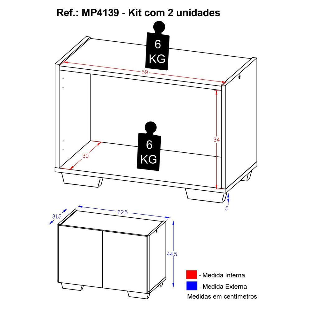 Kit 2 Mesas de Cabeceira 2 Portas e Pés Multimóveis MP4139 Branco/Preto