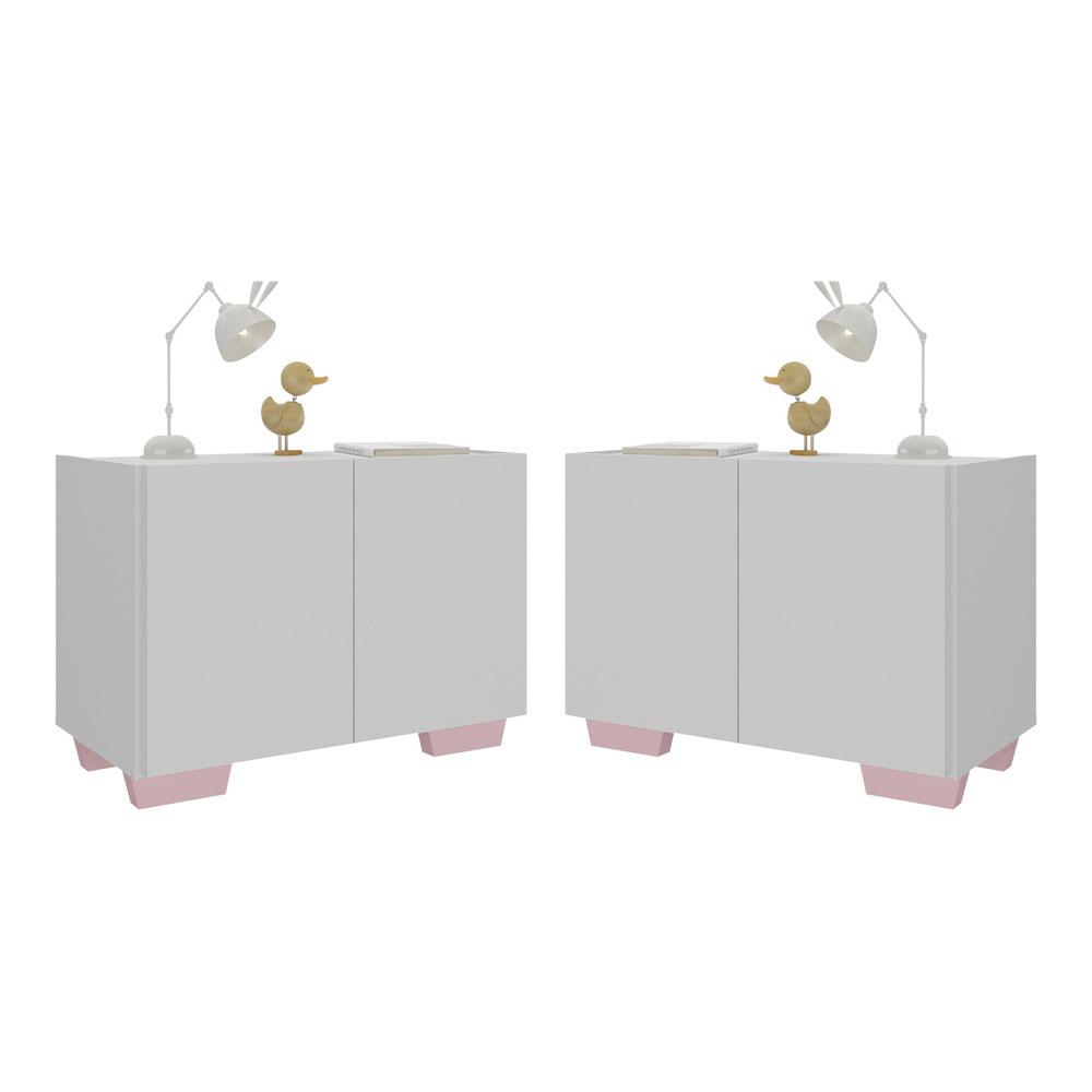 Kit 2 Mesas de Cabeceira 2 Portas e Pés Multimóveis MP4139 Branco/Rosa