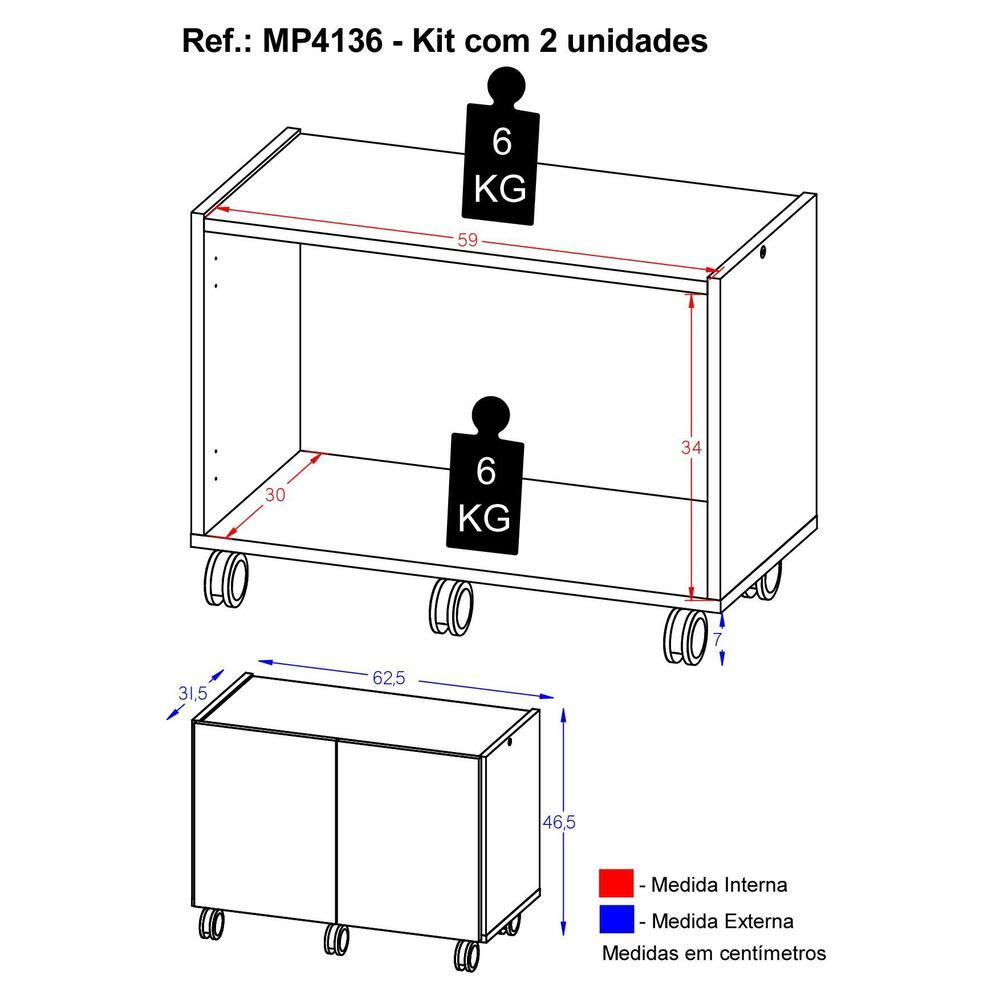 Kit 2 Mesas de Cabeceira com Rodízios 2 Portas Multimóveis MP4136 Preto