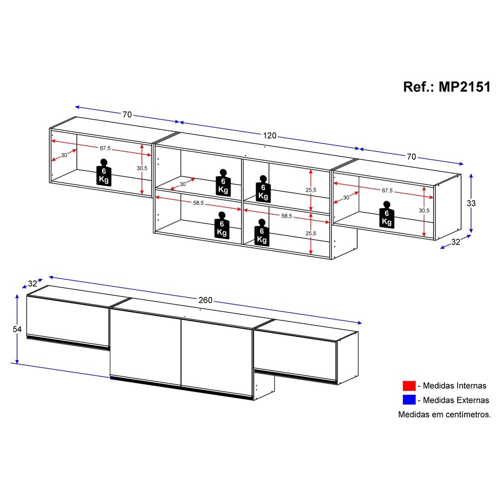 Kit 3 Armários de Cozinha Aéreos 4 Portas Veneza Multimóveis MP2151 Preto