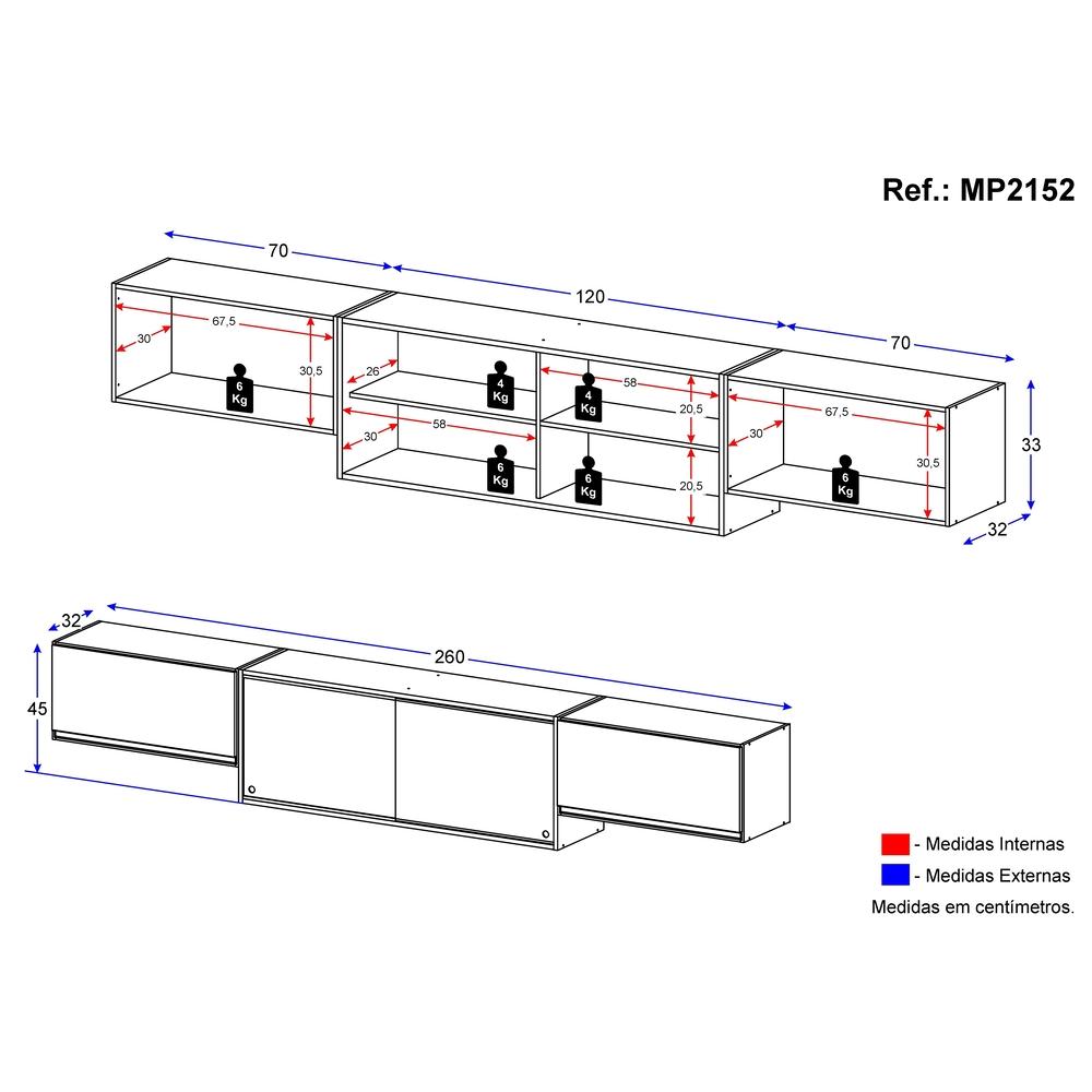 Kit 3 Armários de Cozinha Aéreos 4 Portas Veneza Multimóveis MP2152 Branco