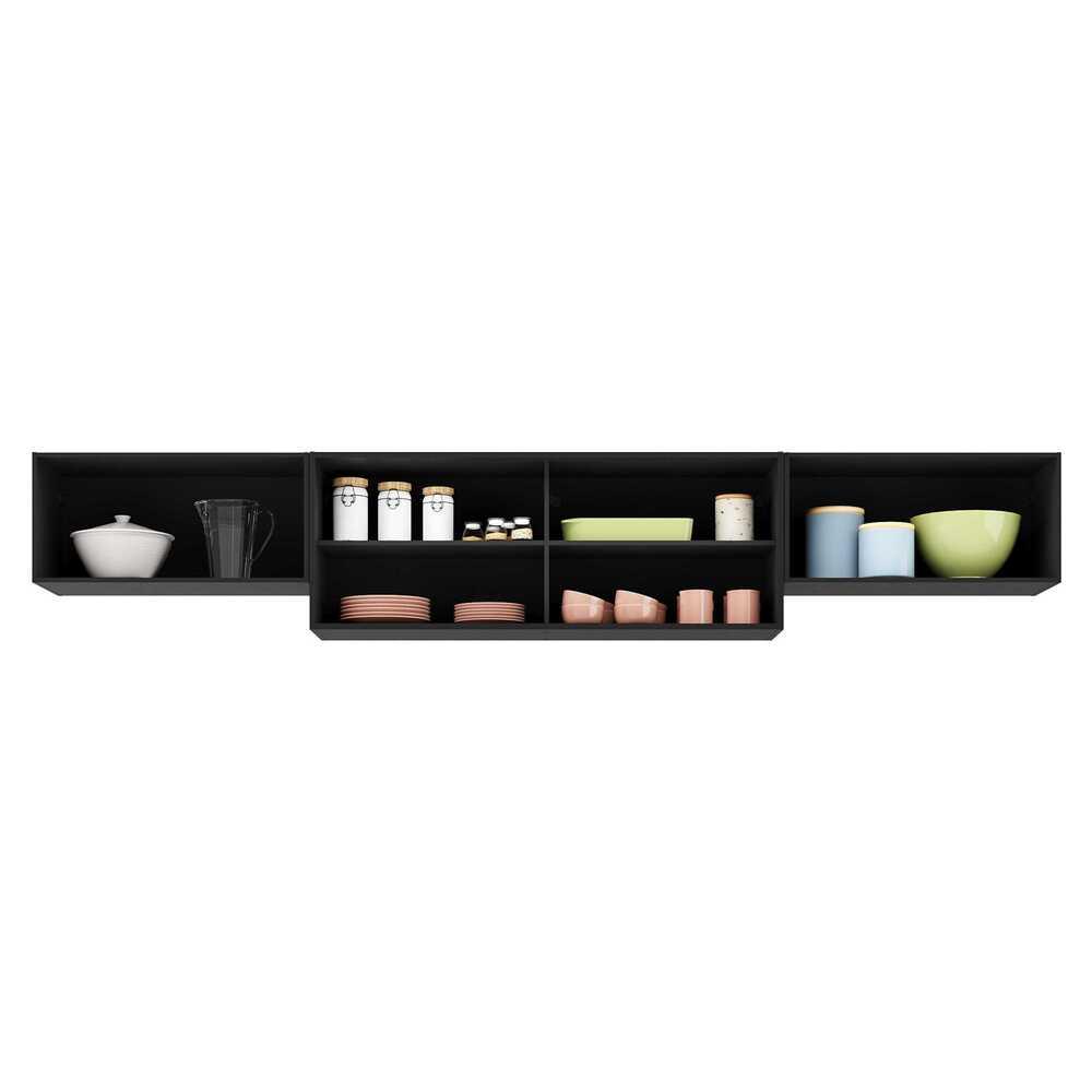 Kit 3 Armários de Cozinha Aéreos 4 Portas Veneza Multimóveis MP2152 Preto/Dourado