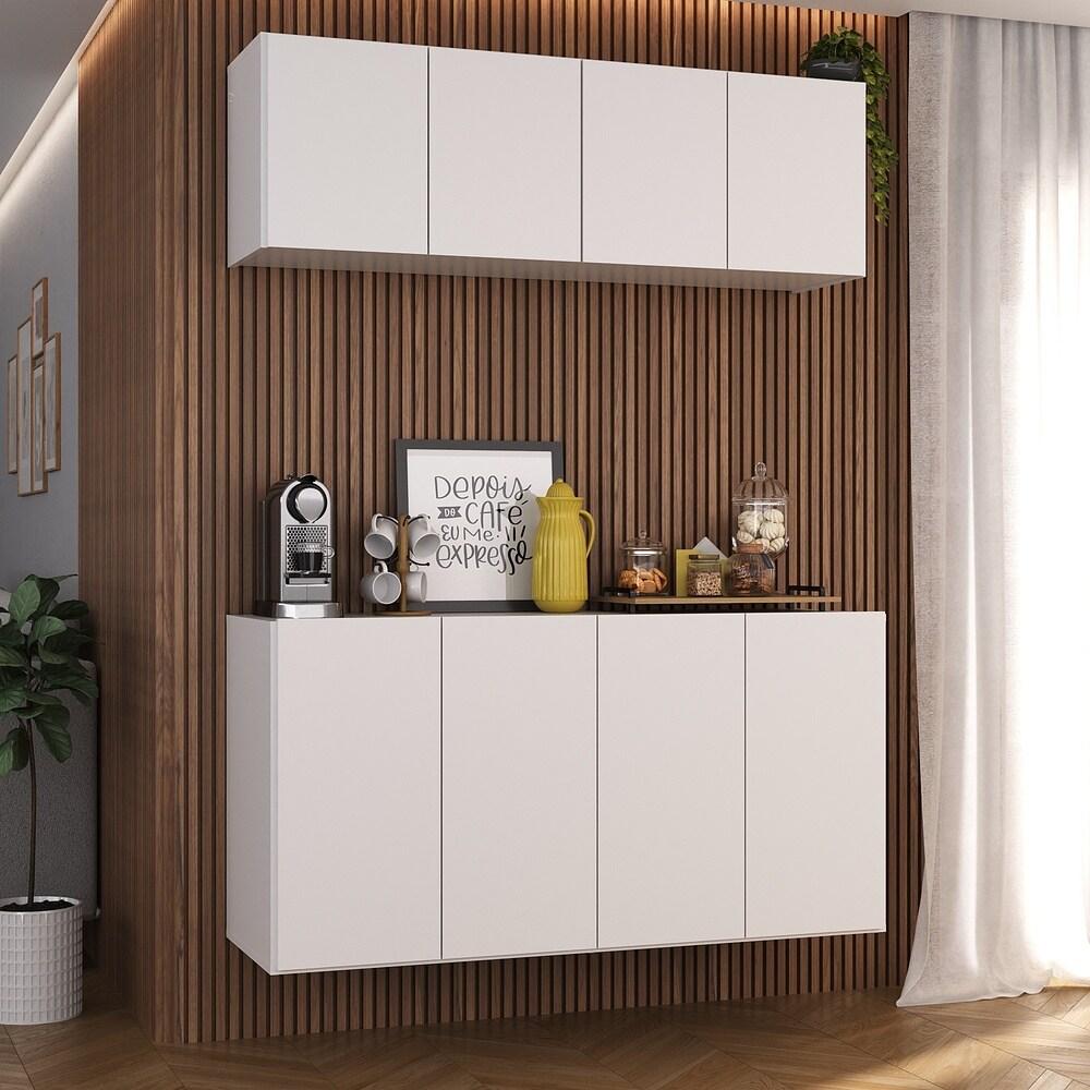 Kit Aparador Buffet com Armário Aéreo 4 Portas Cantinho do Café Multimóveis MP1074 Branco