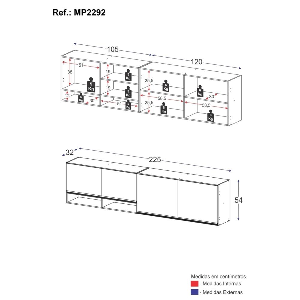 Kit Armário Cozinha Aéreo 105cm com Aéreo 120cm Veneza Multimóveis MP2292 Branco/Dourado