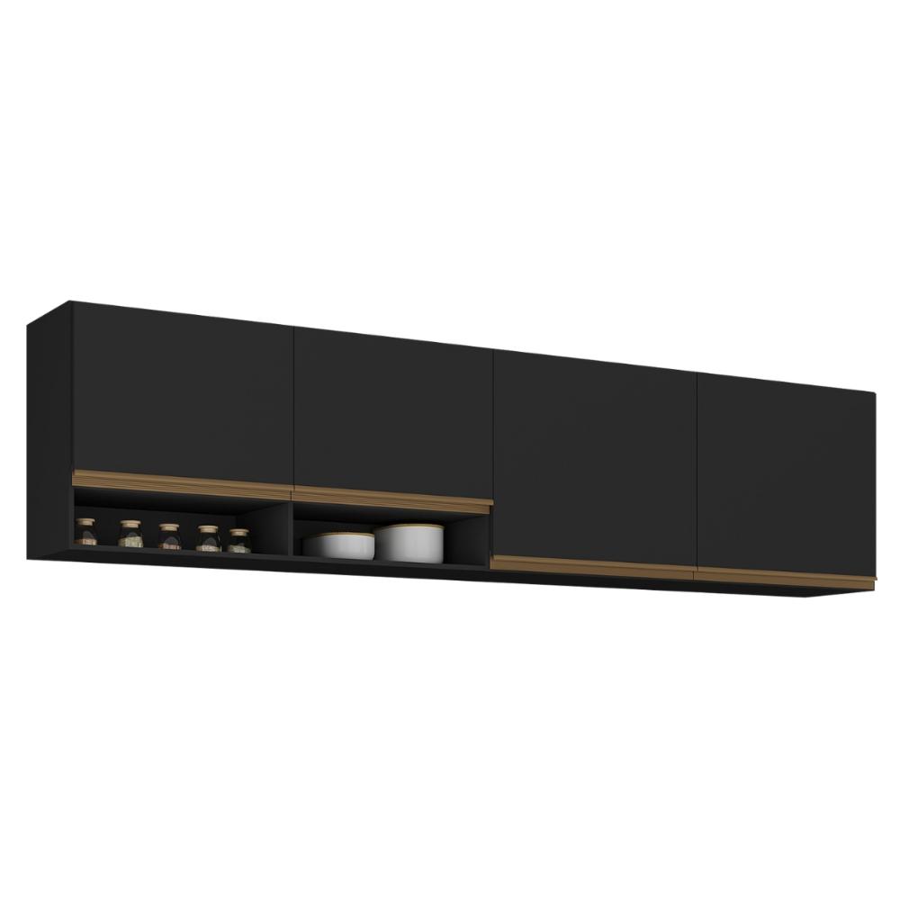 Kit Armário Cozinha Aéreo 105cm com Aéreo 120cm Veneza Multimóveis MP2292 Preto/Dourado