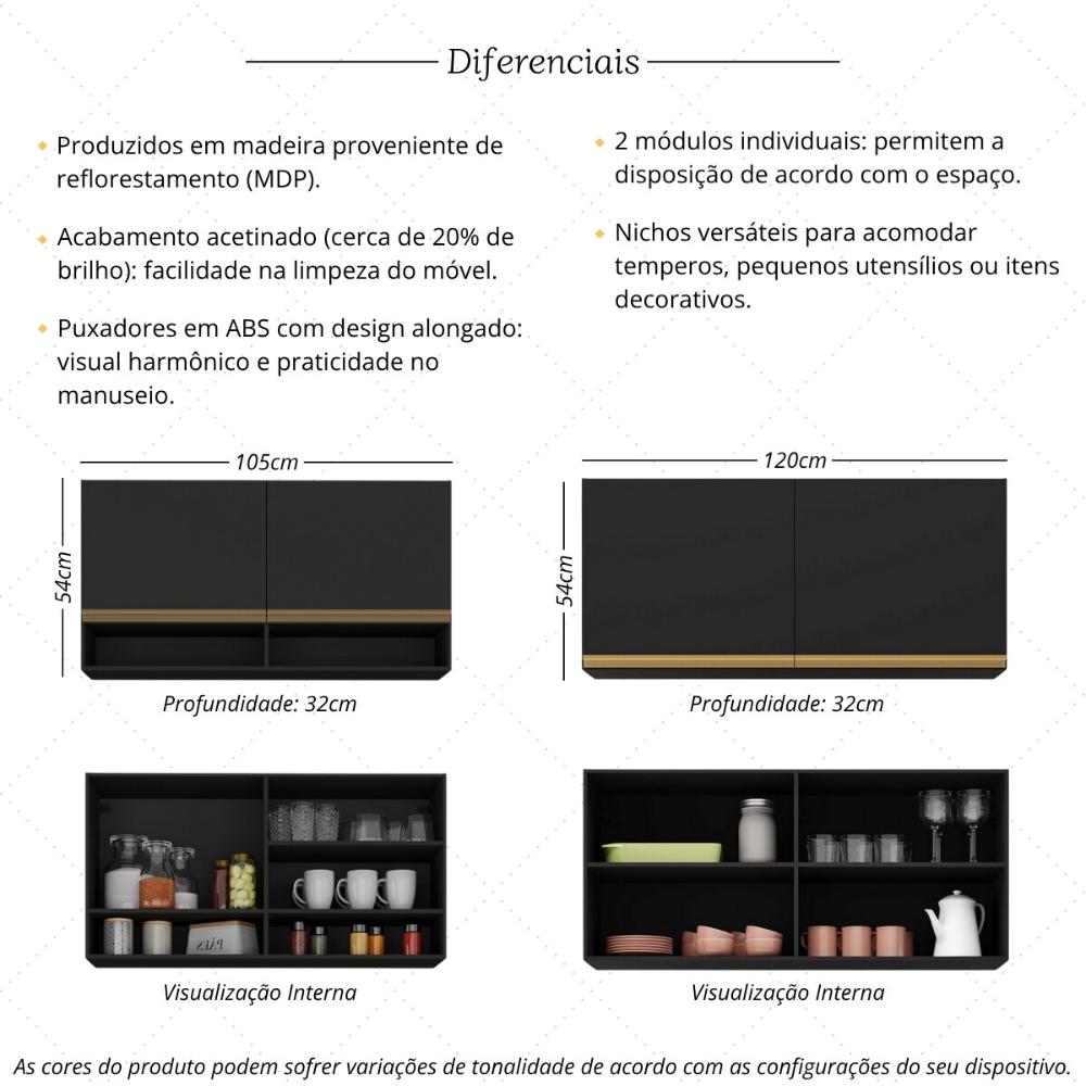 Kit Armário Cozinha Aéreo 105cm com Aéreo 120cm Veneza Multimóveis MP2292 Preto/Dourado