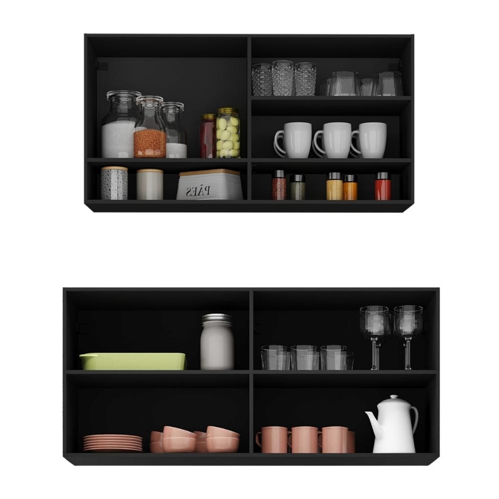 Kit Armário Cozinha Aéreo 105cm com Aéreo 120cm Veneza Multimóveis MP2292 Preto/Dourado
