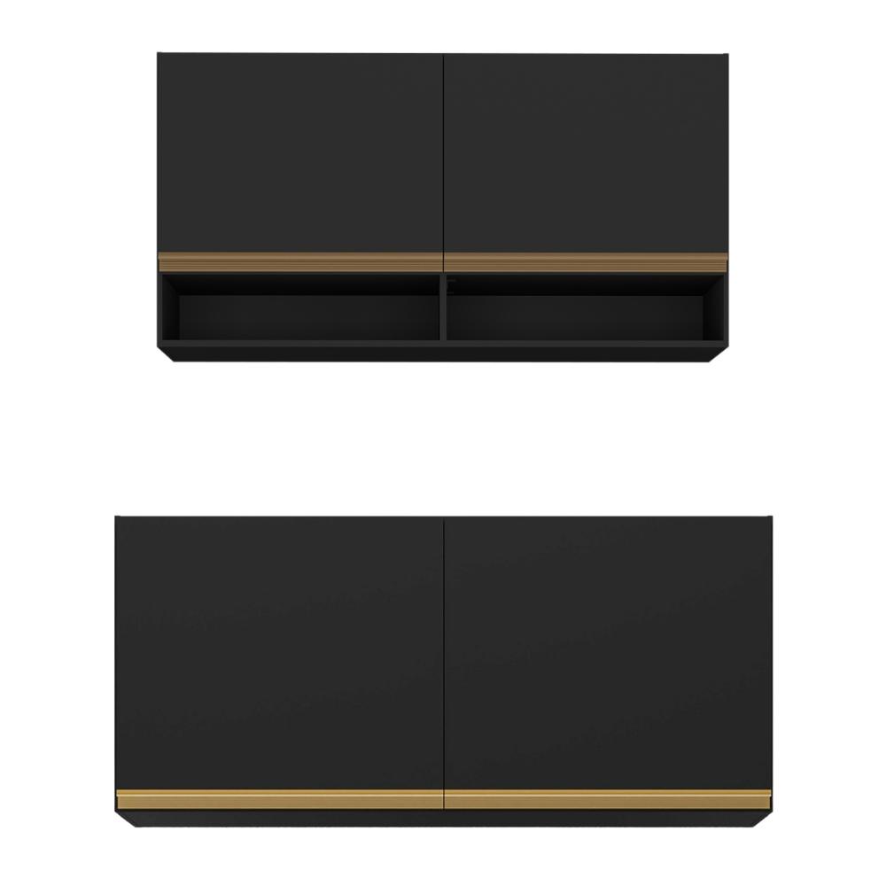Kit Armário Cozinha Aéreo 105cm com Aéreo 120cm Veneza Multimóveis MP2292 Preto/Dourado
