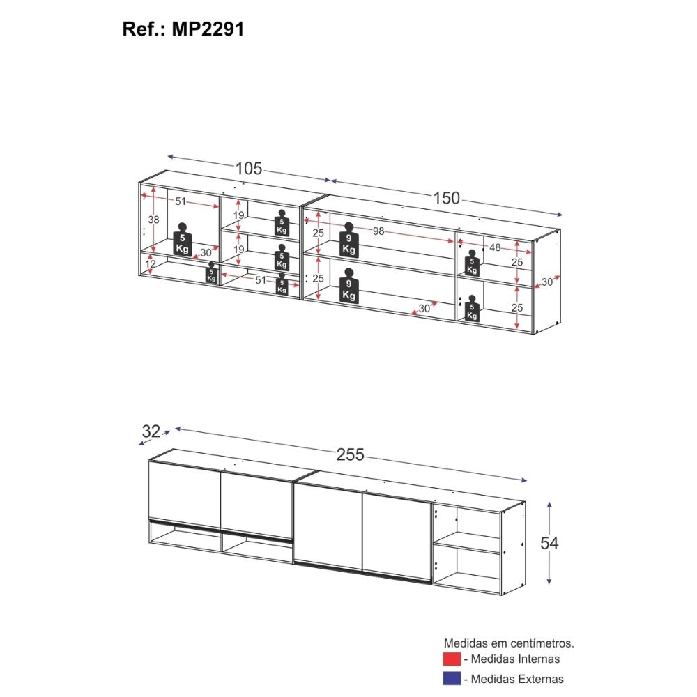Kit Armário Cozinha Aéreo 105cm com Aéreo 150cm Veneza Multimóveis MP2291 Branco/Dourado