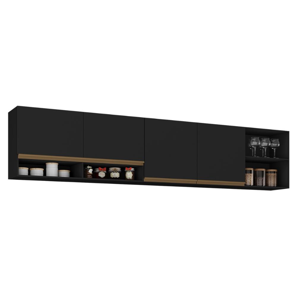 Kit Armário Cozinha Aéreo 105cm com Aéreo 150cm Veneza Multimóveis MP2291 Preto/Dourado