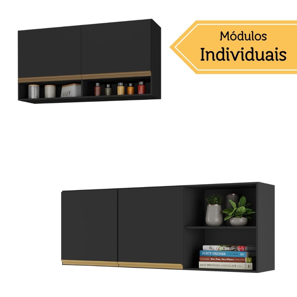 Kit Armário Cozinha Aéreo 105cm com Aéreo 150cm Veneza Multimóveis MP2291 Preto/Dourado