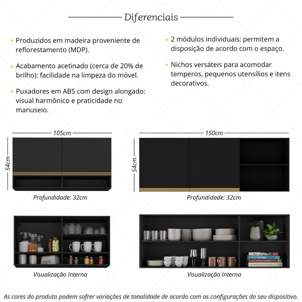 Kit Armário Cozinha Aéreo 105cm com Aéreo 150cm Veneza Multimóveis MP2291 Preto/Dourado