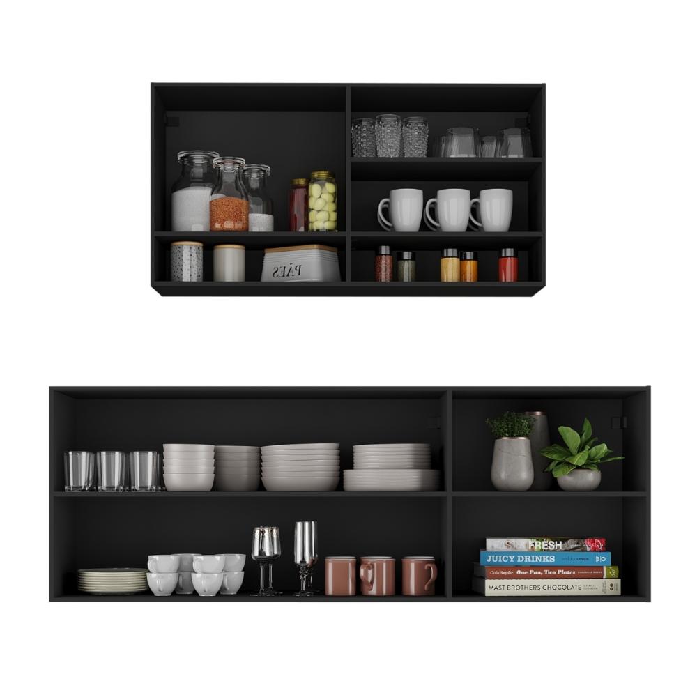 Kit Armário Cozinha Aéreo 105cm com Aéreo 150cm Veneza Multimóveis MP2291 Preto/Dourado