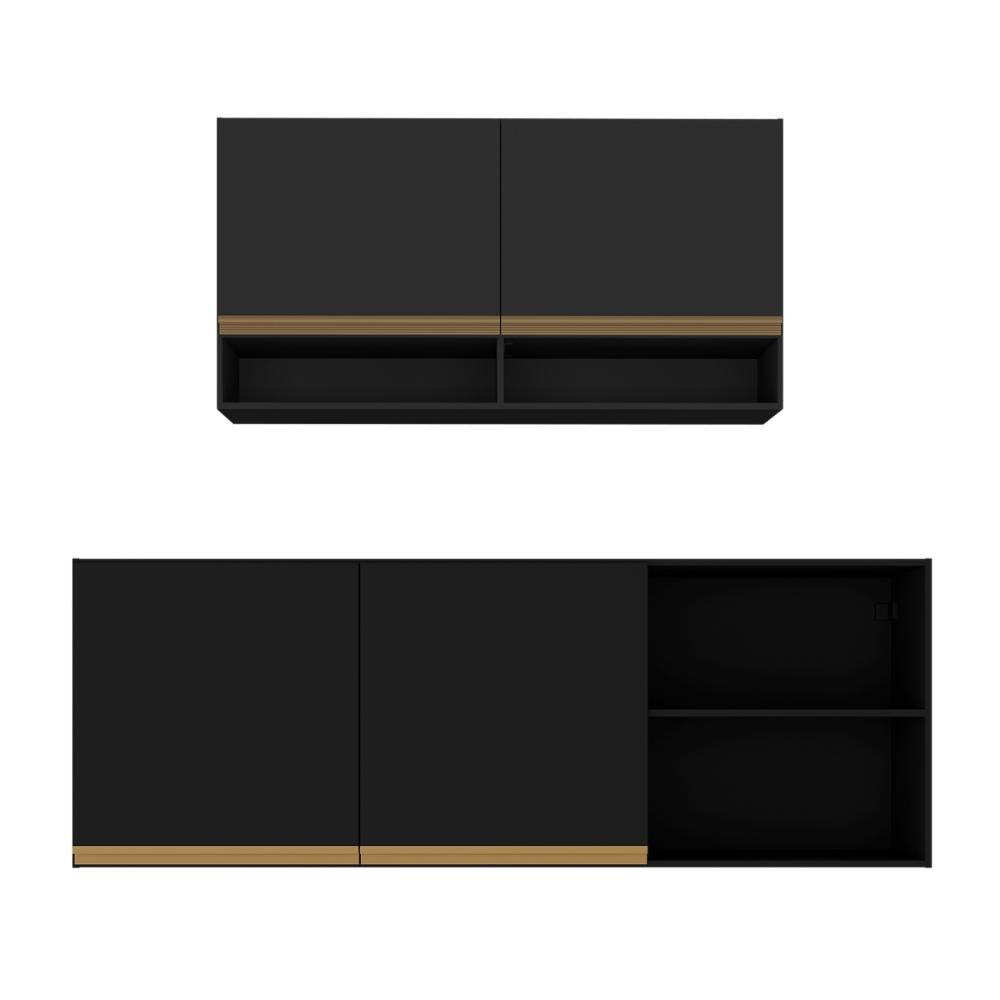 Kit Armário Cozinha Aéreo 105cm com Aéreo 150cm Veneza Multimóveis MP2291 Preto/Dourado