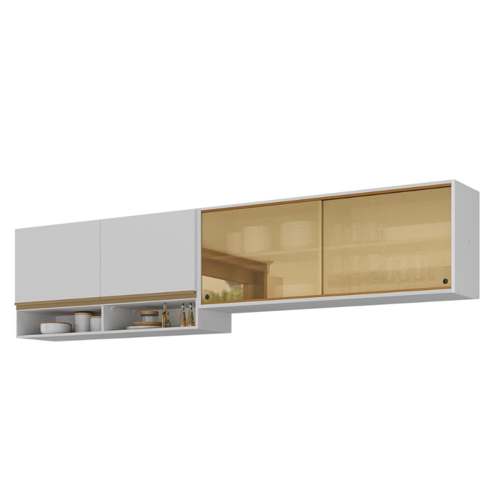 Kit Armário Cozinha Aéreo 105cm e Aéreo 120cm com Portas de Vidro Multimóveis MP2293 Branco/Dourado
