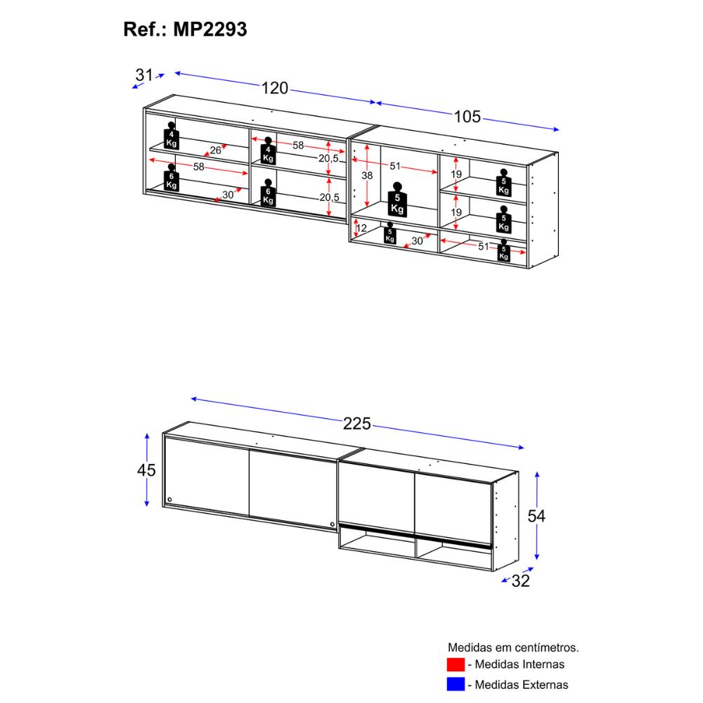 Kit Armário Cozinha Aéreo 105cm e Aéreo 120cm com Portas de Vidro Multimóveis MP2293 Branco/Dourado