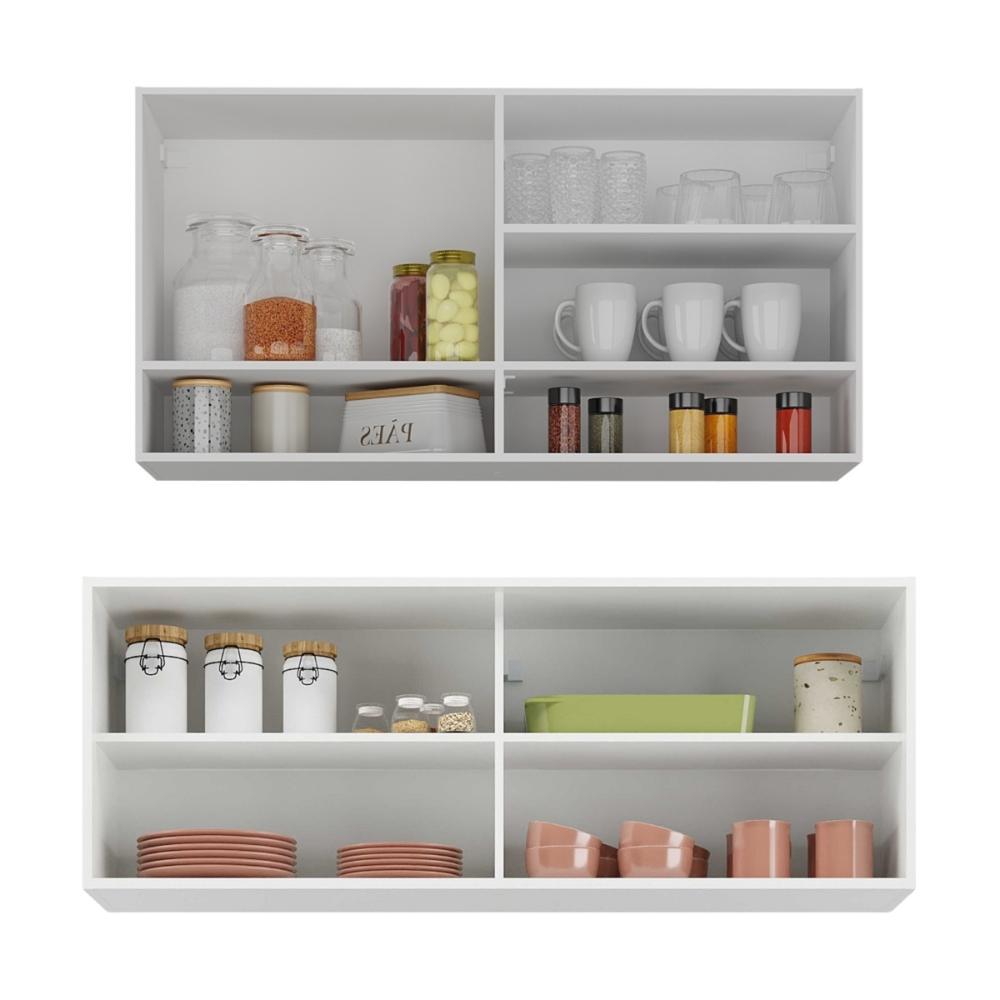 Kit Armário Cozinha Aéreo 105cm e Aéreo 120cm com Portas de Vidro Multimóveis MP2293 Branco/Dourado