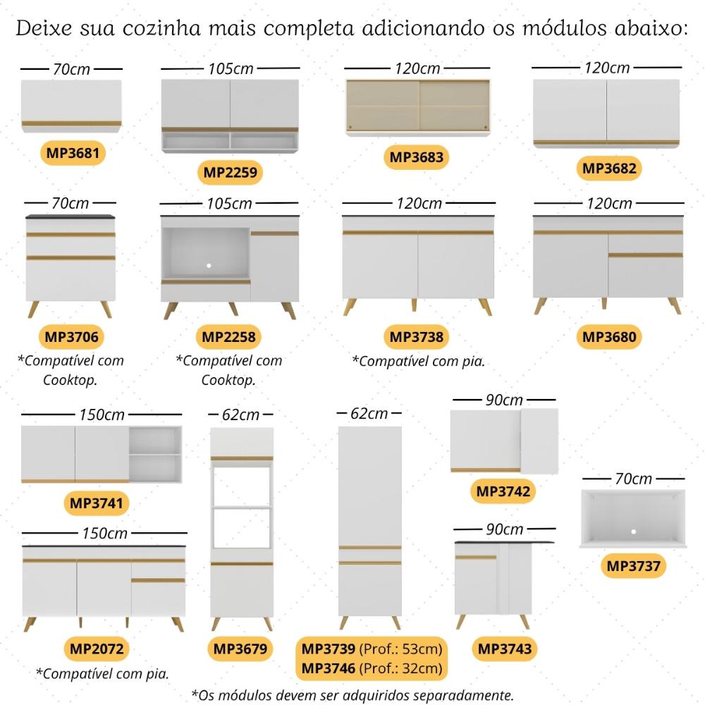 Kit Armário Cozinha Aéreo 105cm e Aéreo 120cm com Portas de Vidro Multimóveis MP2293 Branco/Dourado