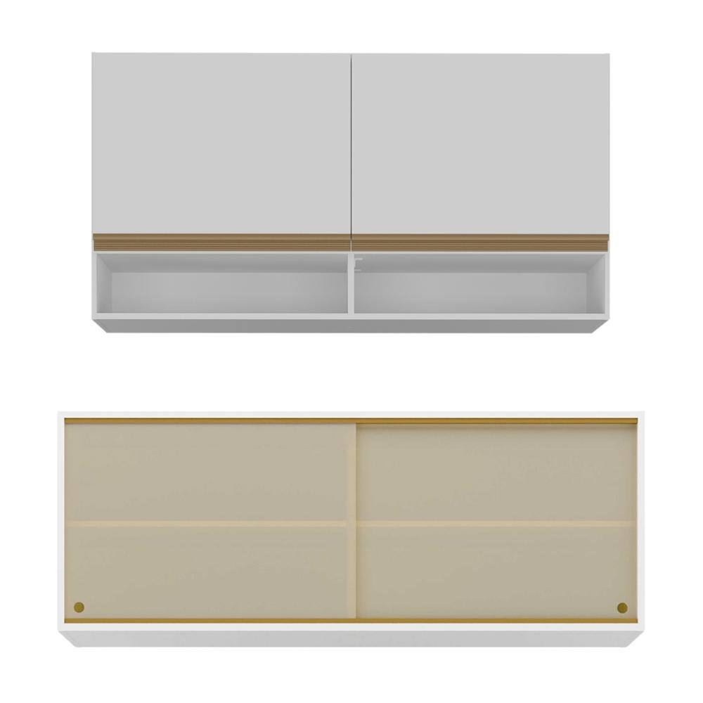 Kit Armário Cozinha Aéreo 105cm e Aéreo 120cm com Portas de Vidro Multimóveis MP2293 Branco/Dourado