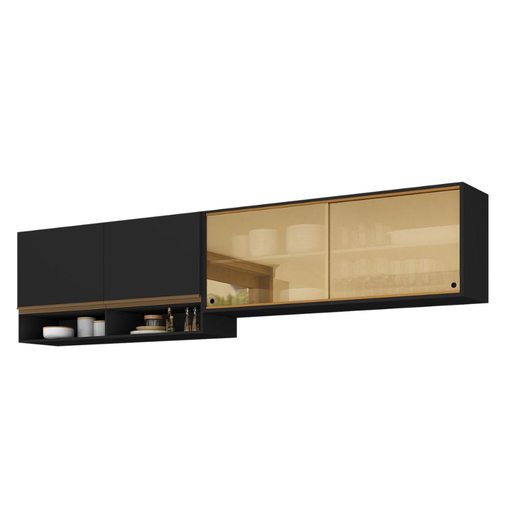 Kit Armário Cozinha Aéreo 105cm e Aéreo 120cm com Portas de Vidro Multimóveis MP2293 Preto/Dourado