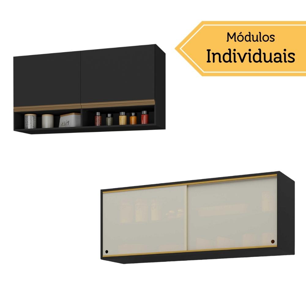 Kit Armário Cozinha Aéreo 105cm e Aéreo 120cm com Portas de Vidro Multimóveis MP2293 Preto/Dourado