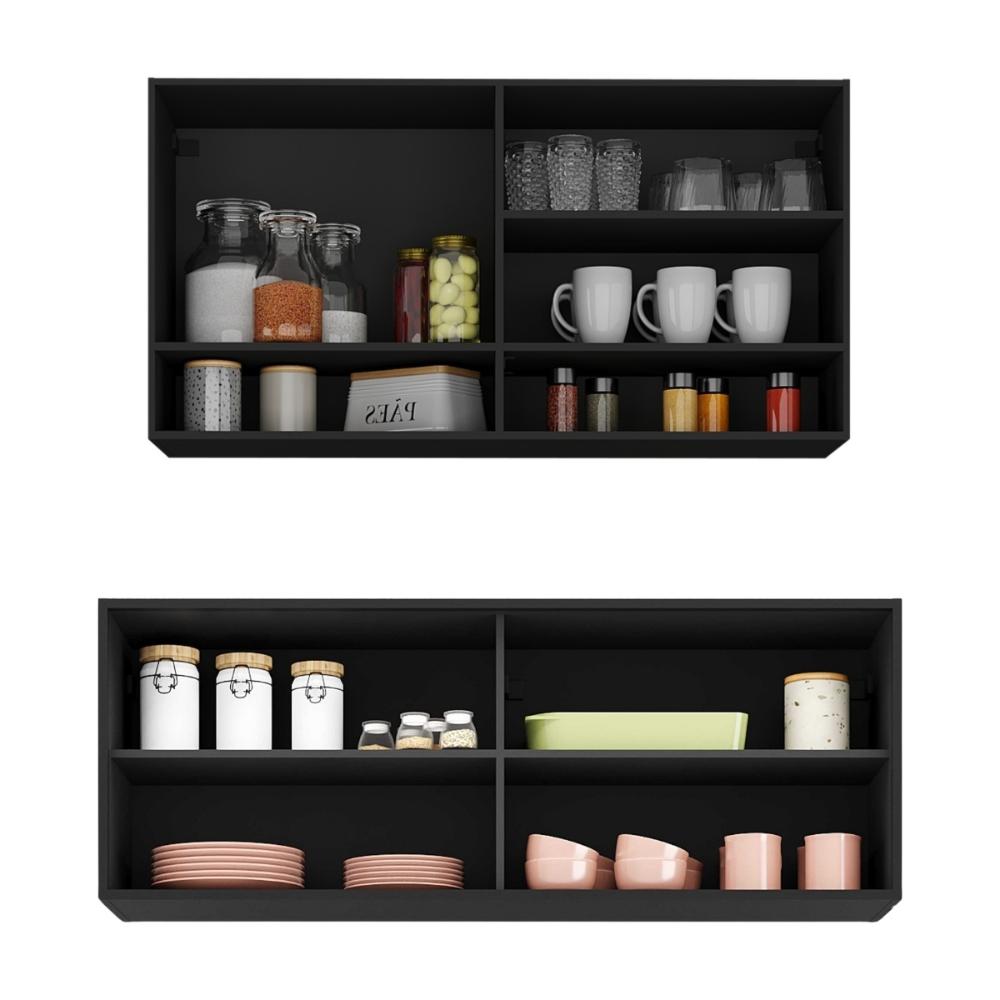 Kit Armário Cozinha Aéreo 105cm e Aéreo 120cm com Portas de Vidro Multimóveis MP2293 Preto/Dourado